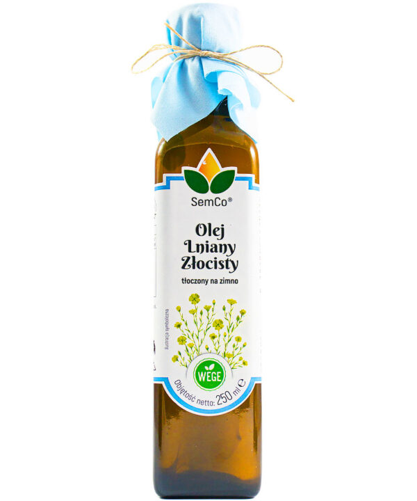 Butelka oleju lnianego złocistego.