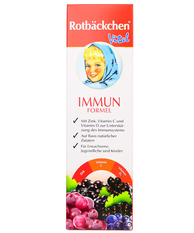 Rotbäckchen Vital Immune Formula wspiera normalne funkcjonowanie układu odpornościowego na trzy sposoby dzięki cynkowi, witaminom C i D.
