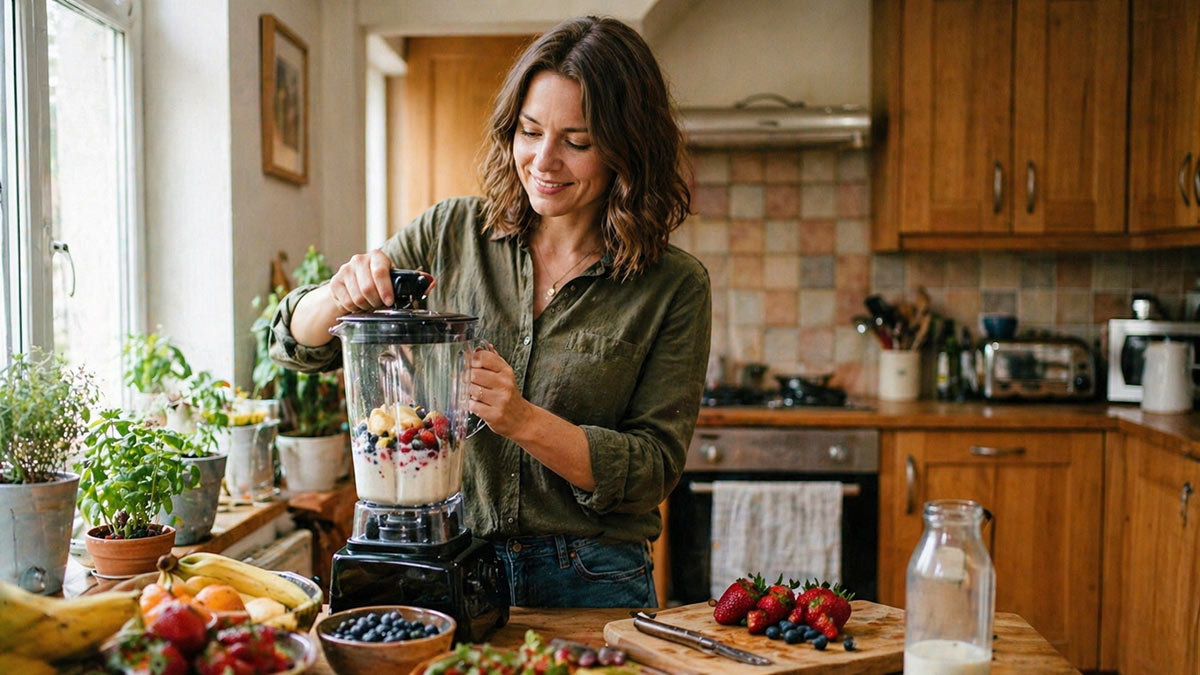 Kobieta przygotowuje w kuchni owocowe smoothie. 